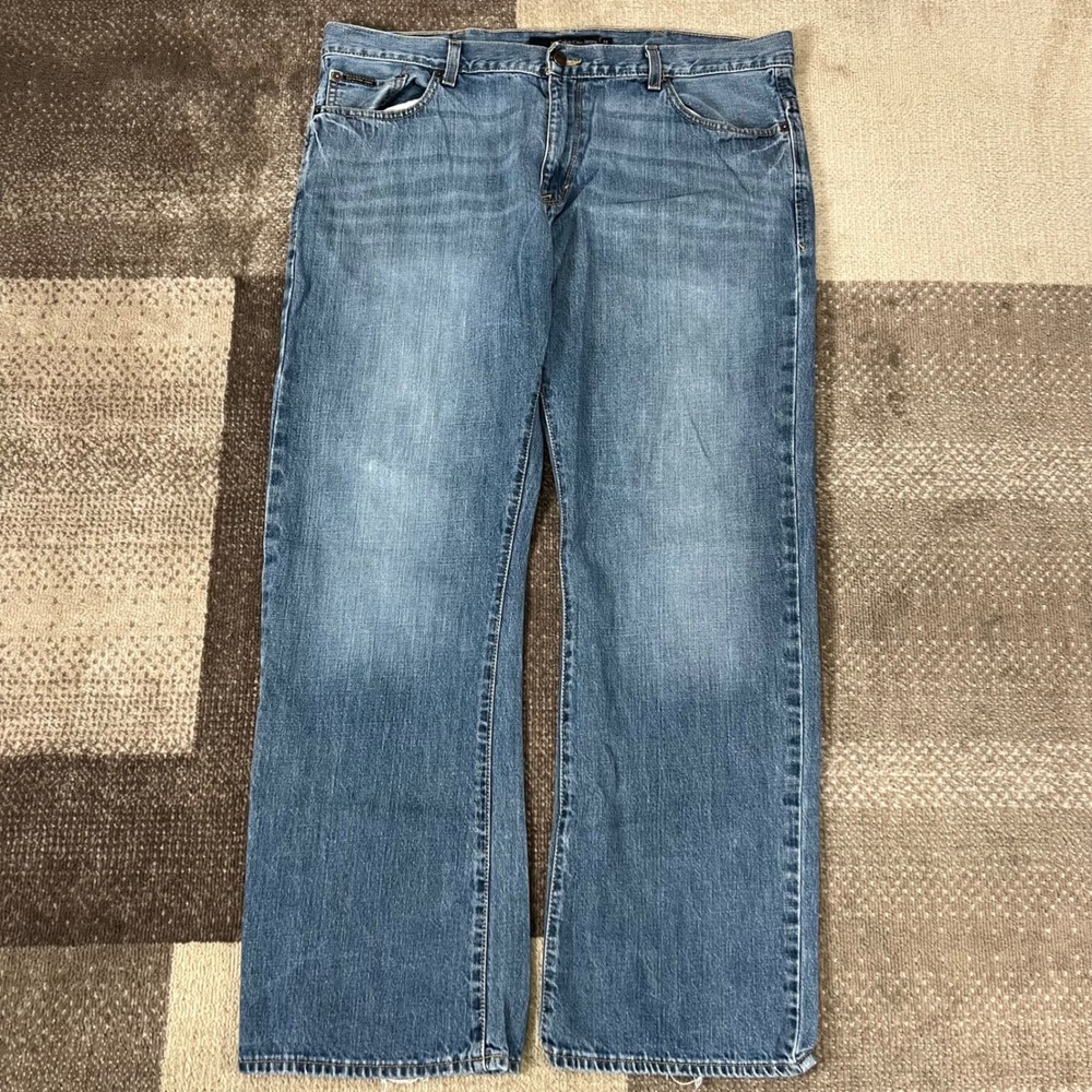 Calvin Klein Jeans Mens 38X30 Bootcut Blue Denim Pants Boho Western Whiskering